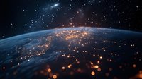 Planet Earth at night with glowing city lights and stars, representing global connectivity, technology, and worldwide communication networks for business and science concepts.