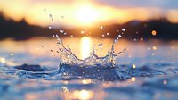 Water splash crown formation at golden hour sunset with bokeh lights reflecting on lake surface creating magical moment.