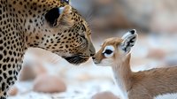 Tender moment between leopard and baby gazelle, showing unexpected animal friendship in nature. Close-up profile view captures gentle interaction against soft background.