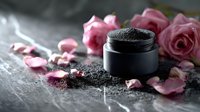 Black exfoliating scrub in open cosmetic jar surrounded by pink rose petals on dark textured surface, creating luxurious spa atmosphere.
