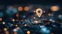 Glowing location pin icon floating over digital network grid with bokeh lights and connectivity lines, representing GPS navigation and mapping technology.