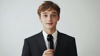 Young Caucasian male professional in black suit and tie holding microphone against light background, confident expression and friendly smile, ready for public speaking.