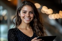 Young Hispanic businesswoman with long wavy dark hair and bright smile holding digital tablet in modern office environment with bokeh lights background.