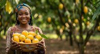 African woman farmer holding basket of fresh mangoes in orchard garden, agricultural harvest and sustainable farming concept for food production and rural agriculture.