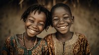 Two happy African children smiling together in traditional clothing, showcasing friendship and joy in warm natural lighting for cultural diversity projects.