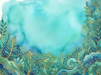 Watercolor turquoise background with ornamental gold foliage border, isolated on white. Suitable for invitations, greeting cards, and design projects.