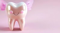 Cute smiling tooth character with rosy cheeks and pink wings on soft pink background, isolated dental mascot for children's dentistry and oral health education.