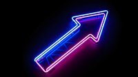 Glowing neon arrow pointing upward with blue and pink electric light effects on dark background for business growth and success concepts.