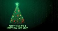 Digital Christmas tree made of glowing green code matrix with colorful ornaments on dark tech background for holiday greeting cards and festive designs.