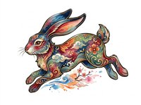 Colorful ornamental rabbit leaping with floral and swirl patterns, isolated on transparent background, ready for stickers, t-shirt design, and print on demand.