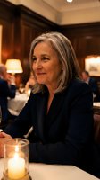 Elegant mature businesswoman with gray hair smiling at upscale restaurant dinner meeting wearing dark blazer with warm ambient lighting and candles.