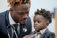 African American male pediatrician in suit with stethoscope examining young boy patient during medical checkup, creating caring and trustworthy healthcare environment.