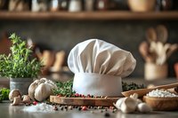 Chef's hat surrounded by fresh herbs, garlic, and spices on rustic kitchen counter with wooden utensils and blurred shelving in background.