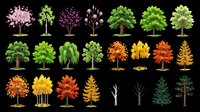 Colorful tree collection with seasonal varieties including spring, summer, autumn, and winter styles, isolated on transparent background. Great for clipart, stickers, and t-shirt design.