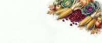 Autumn harvest arrangement featuring fresh vegetables, corn, berries, and fall foliage on white background for seasonal marketing and food design projects.