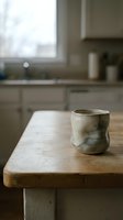 Ceramic mug with organic glaze sitting on wooden kitchen counter with blurred cabinetry and window in background, suitable for home decor and lifestyle content.