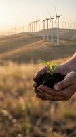 Hands holding green plant seedling with wind turbines in background representing renewable energy, sustainability and environmental protection concept.