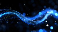 Glowing blue wave of particles and light effects on dark background creates magical flowing energy stream with bokeh and sparkle elements.