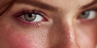 Close-up portrait of young Caucasian woman with blue eyes and natural freckles showing detailed facial features and skin texture for beauty concepts.