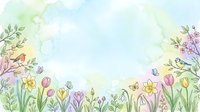 Watercolor spring floral border with tulips, daffodils, birds, and butterflies on a soft pastel background, perfect for cards and banners.