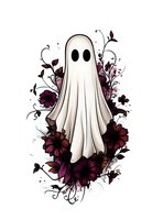 Cute ghost figure surrounded by dark burgundy flowers and swirling floral elements on white background, isolated design for Halloween decoration and seasonal prints.