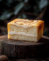 Layered sponge cake slice with cream filling and caramel swirl topping on rustic wooden surface for bakery menu and dessert advertising.