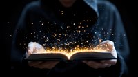 Magical glowing open book with sparkling golden light and particles floating in dark atmosphere, held by person wearing blue clothing. Mystical reading concept.