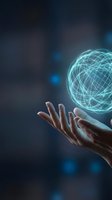 Hand holding glowing digital globe network sphere with interconnected lines on dark background. Represents global connectivity, technology innovation, and digital transformation for business concepts.