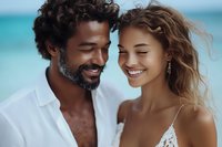 Young couple enjoying romantic beach vacation together, man with dark curly hair and beard wearing white shirt, woman with light brown hair in white bikini top, both smiling happily by turquoise ocean water.