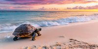 Sea turtle walking on sandy beach at sunset with dramatic pink and orange sky, turquoise ocean waves breaking on shore, peaceful tropical seascape panorama.