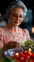 Elegant mature woman with silver hair and glasses wearing pink sequined dress enjoying dinner at restaurant. Soft lighting creates warm ambiance and bokeh effect.