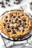 Freshly baked chocolate chip cookie pizza on cooling rack with white kitchen towel, golden brown dessert treat for sharing and celebrations.