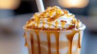 Whipped cream topped beverage with dripping caramel sauce and golden sugar crystals, served in clear glass with straw against blurred cafe background.
