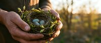 Hands gently holding bird nest with blue eggs during golden hour sunset, symbolizing new life, protection and nature conservation in outdoor setting.