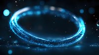 Glowing blue circular light trail with sparkling particles against dark background creates magical atmosphere for fantasy and technology designs.