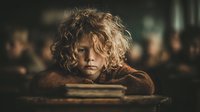 Young blonde curly-haired child reading book in warm lighting, focused on learning and education in cozy indoor setting for storytelling concepts.