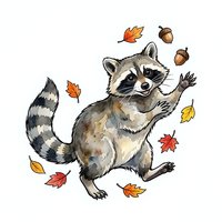 Playful raccoon juggling autumn leaves and acorns on white background, isolated clipart suitable for fall designs, children's illustrations, and seasonal merchandise applications.