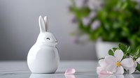 White ceramic bunny figurine with minimalist design next to delicate pink flower on light surface against blurred background, creating serene spring decor composition.