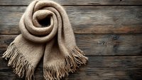 Cozy beige wool scarf with fringe tassels on rustic wooden background. Natural winter accessory styled flat lay for fashion and lifestyle photography.