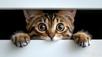 Adorable tabby kitten peeking over white surface with big curious eyes and tiny paws, playful domestic cat exploring and hiding behind edge.