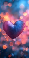 Metallic red heart shape against blurred bokeh background in blue and coral tones, romantic mood lighting creates dreamy atmosphere for Valentine's Day designs.