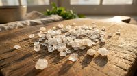 Coarse sea salt crystals scattered on rustic wooden cutting board in bright kitchen setting for culinary cooking and food preparation applications.