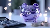 Purple piggy bank with glasses and calculator on desk with bokeh lights representing financial planning and savings goals.