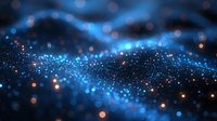 Glowing blue and orange particles forming dynamic waves against dark background, creating ethereal atmospheric effect with bokeh lights and depth of field.