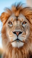 Majestic male lion portrait with golden mane and piercing amber eyes against soft blue sky background for wildlife photography and nature designs.