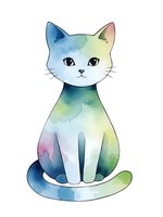 Watercolor cat with rainbow gradient colors sitting gracefully on white background, isolated for creative design projects and artistic applications.