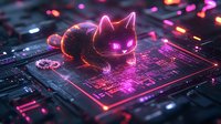 Glowing neon cat figure on computer circuit board with purple and pink lighting effects creates futuristic cyberpunk atmosphere for technology concepts.