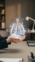 Businessman hand holding glowing holographic lungs in modern office workspace representing respiratory health and medical technology innovation.