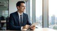 Confident businessman in suit using tablet computer in modern office with city view, professional executive working with digital technology.