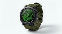 Modern smartwatch with black case and olive green fabric strap featuring neon green dragon design on display, isolated on white background for product mockups and tech marketing.